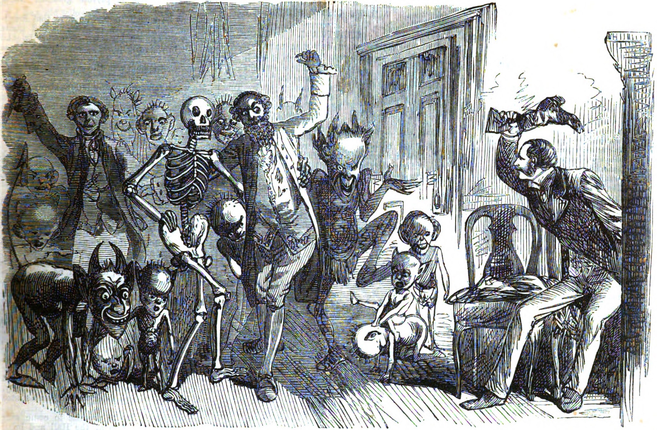 A crowded Victorian ballroom invaded by demons, skeletons, and imps dancing wildly while two human spectators sit calmly watching.