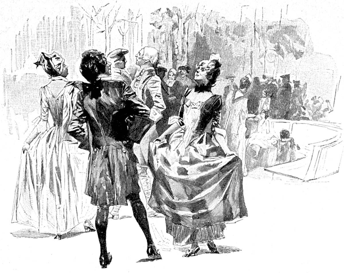Wood engraving of well-dressed men and women in 1890s fashion engaged in social dance and conversation in a tree-lined garden pavilion.
