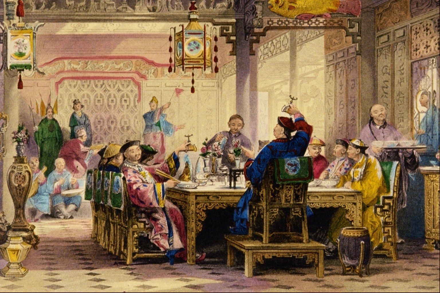 Wealthy Chinese diners and servants gather around a table in an ornately decorated interior, gesturing in animated conversation.
