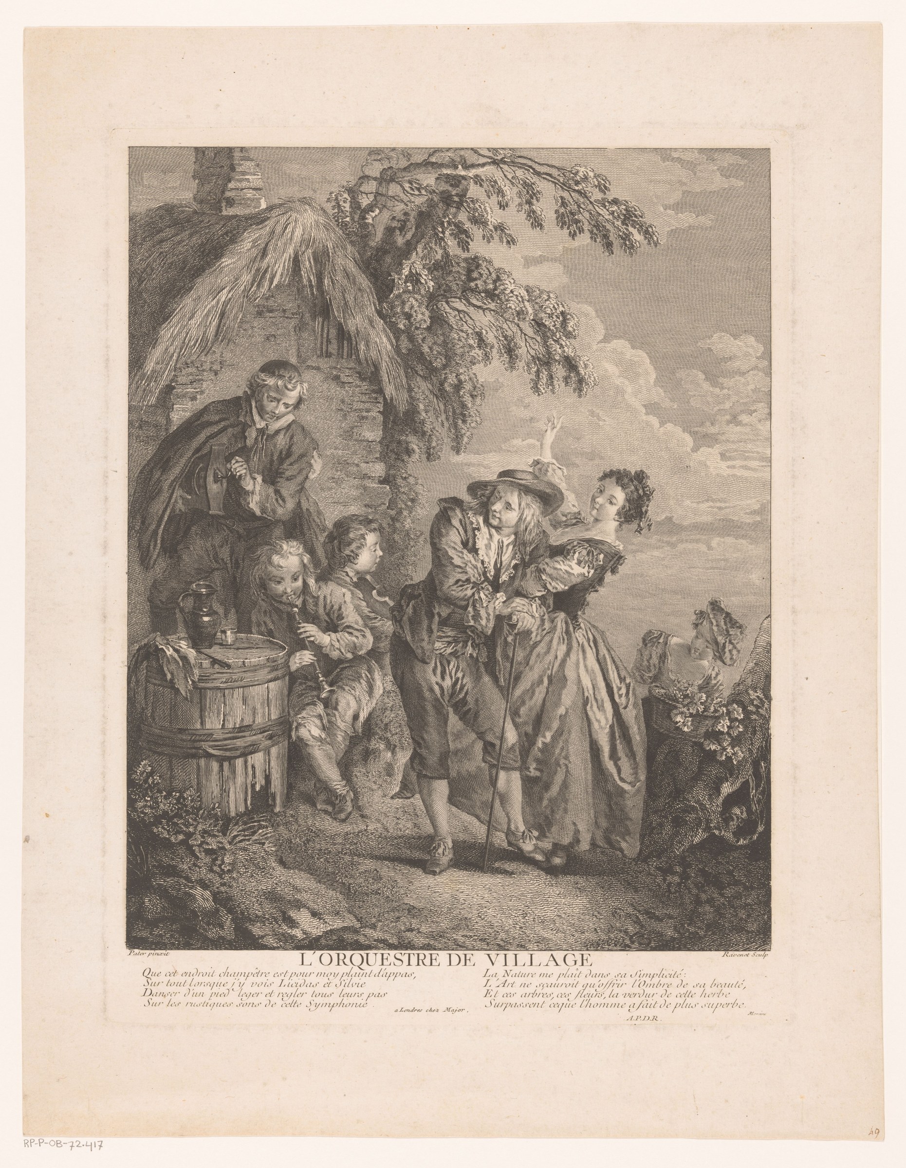 Two couples dance outdoors beneath a willow tree as three musicians play; rococo engraving, early 18th century.