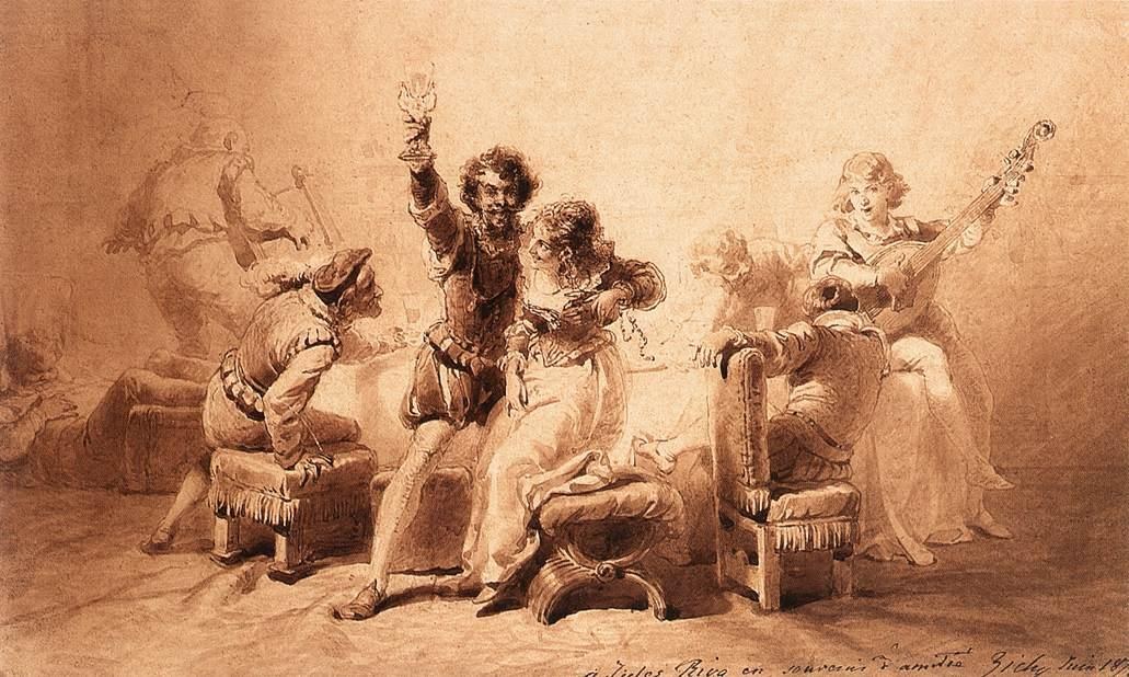 Five figures in a salon: a man stands with raised arm singing while four others sit attentively around him, one holding a stringed instrument.