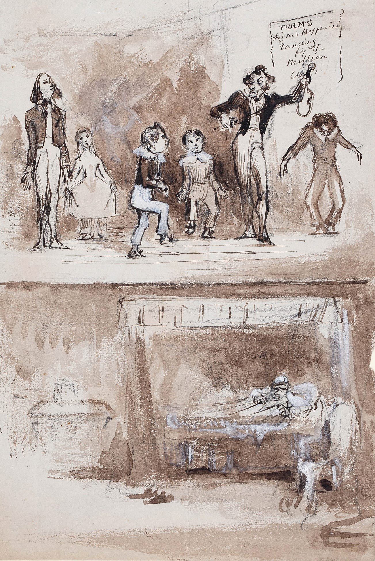 Two-register satirical drawing: dancing master gestures dramatically to five confused children above; furious man in bathtub protests below.