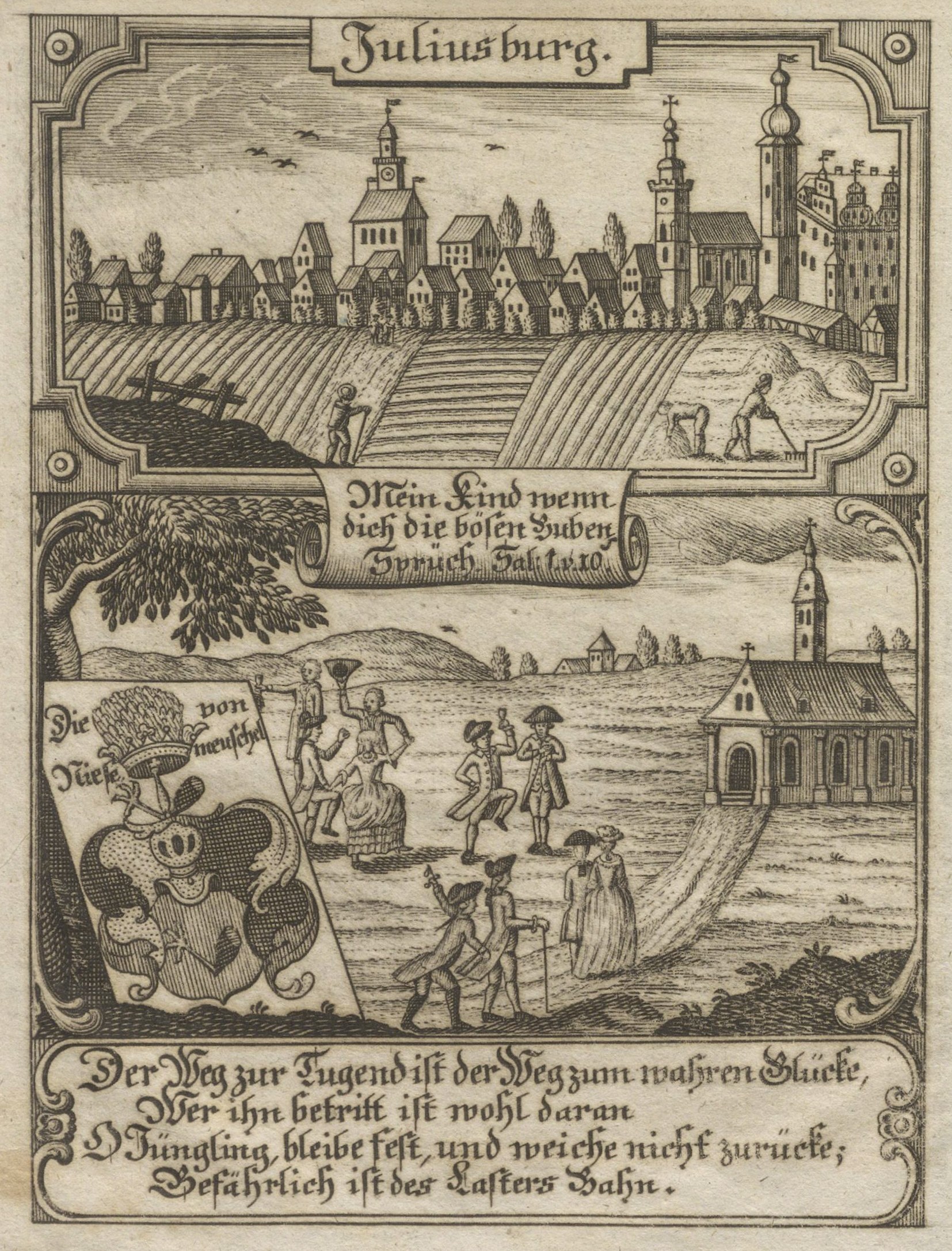 Engraved title page showing an aerial view of a walled town above two narrative scenes with figures in 18th-century dress demonstrating gestures.