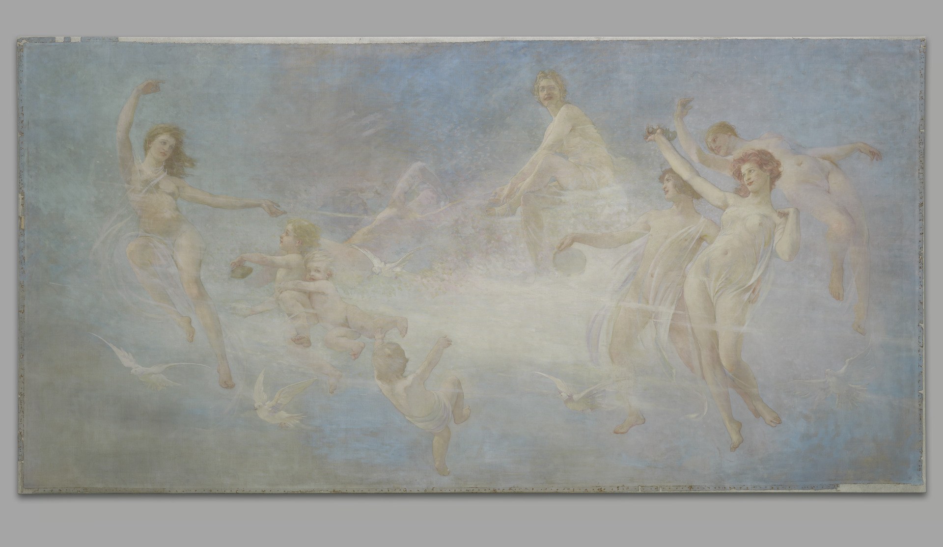 A soft oil painting of nine classical female figures in flowing white drapery floating in a pale blue atmosphere, their bodies and arms in graceful, swirling