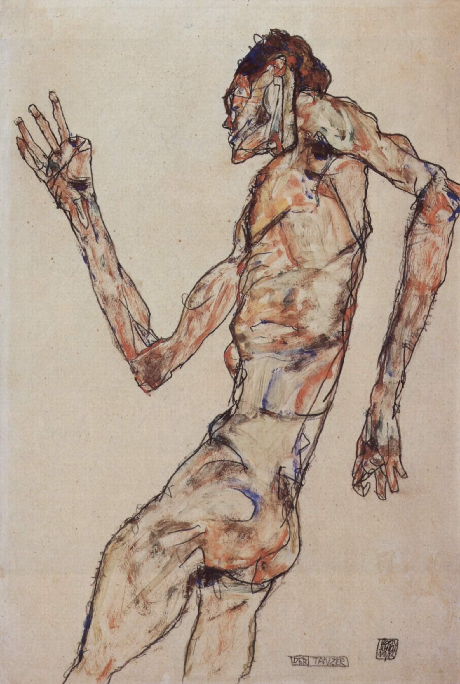 Twisted male figure in watercolor and ink, one arm raised with splayed fingers, head thrown back, mouth open, rendered in expressionist style.