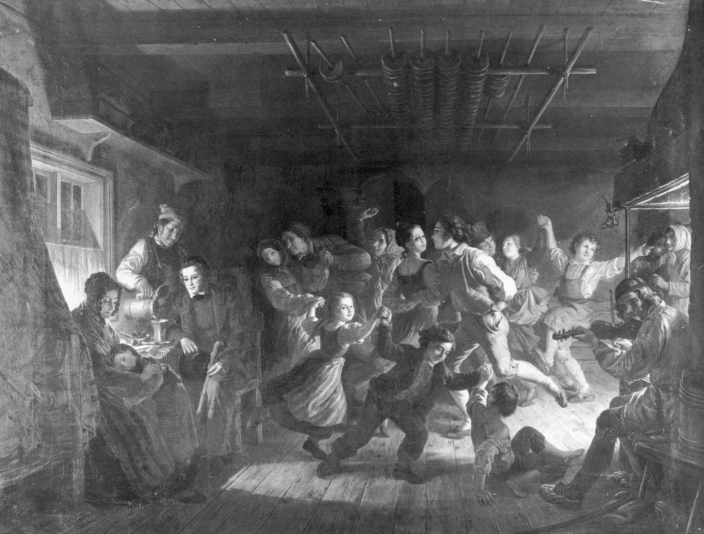 Oil painting of crowded rustic interior lit by lantern, with figures dancing and watching in traditional Nordic dress.