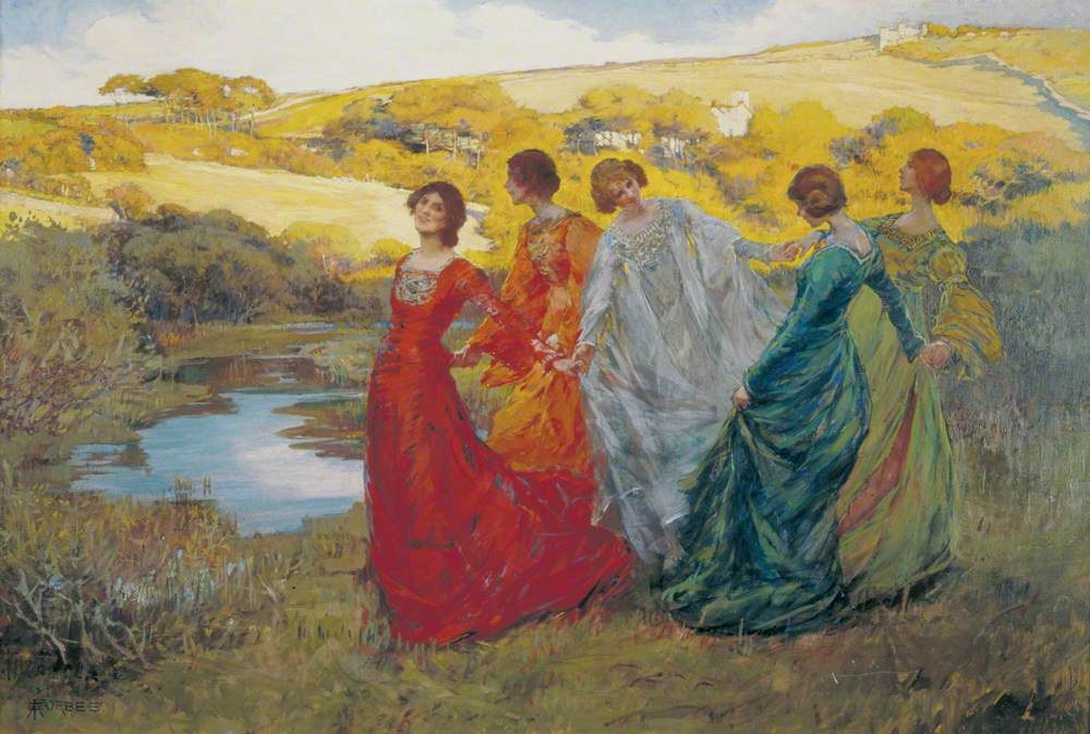 Five Edwardian women in jewel-toned gowns stand in a rolling landscape beside a stream, gazing toward distant hills.