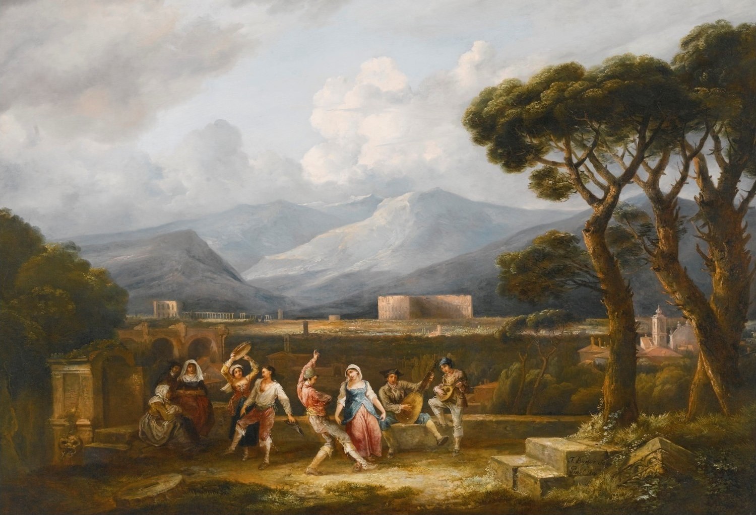 Oil painting: roughly a dozen people in bright period dress dance in loose groups on a terrace among classical ruins, with snow-capped mountains in the misty