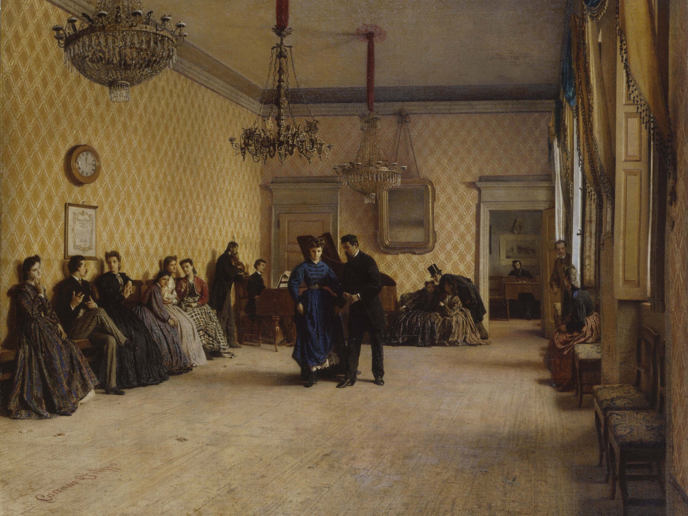 A woman in a blue silk gown stands with a man in tailcoat in a formal Victorian ballroom, surrounded by seated women in dark dress.
