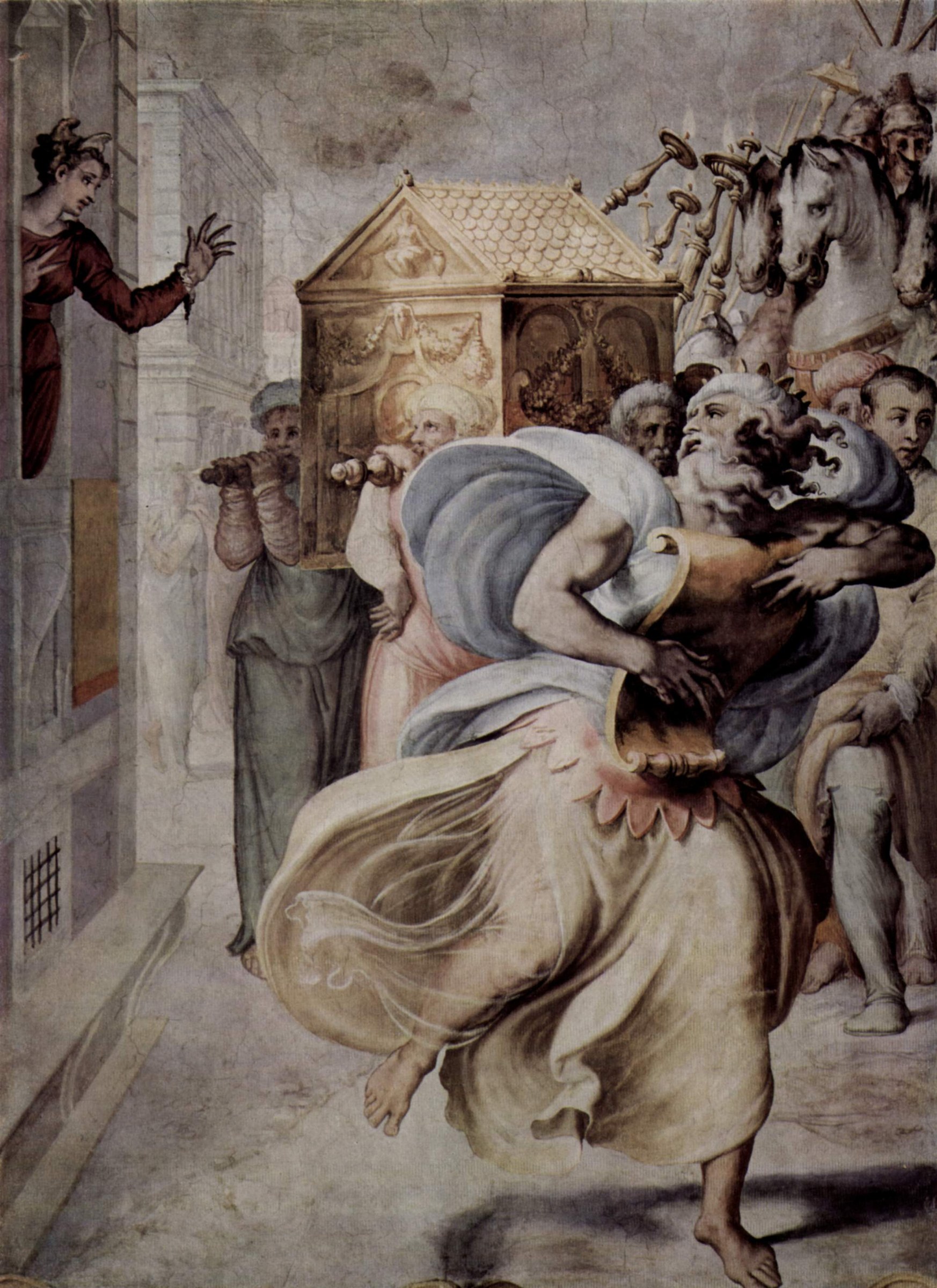 A woman in pale flowing robes dances alone with raised arms before a crowd of onlookers in a classical interior, horses and attendants visible at right.