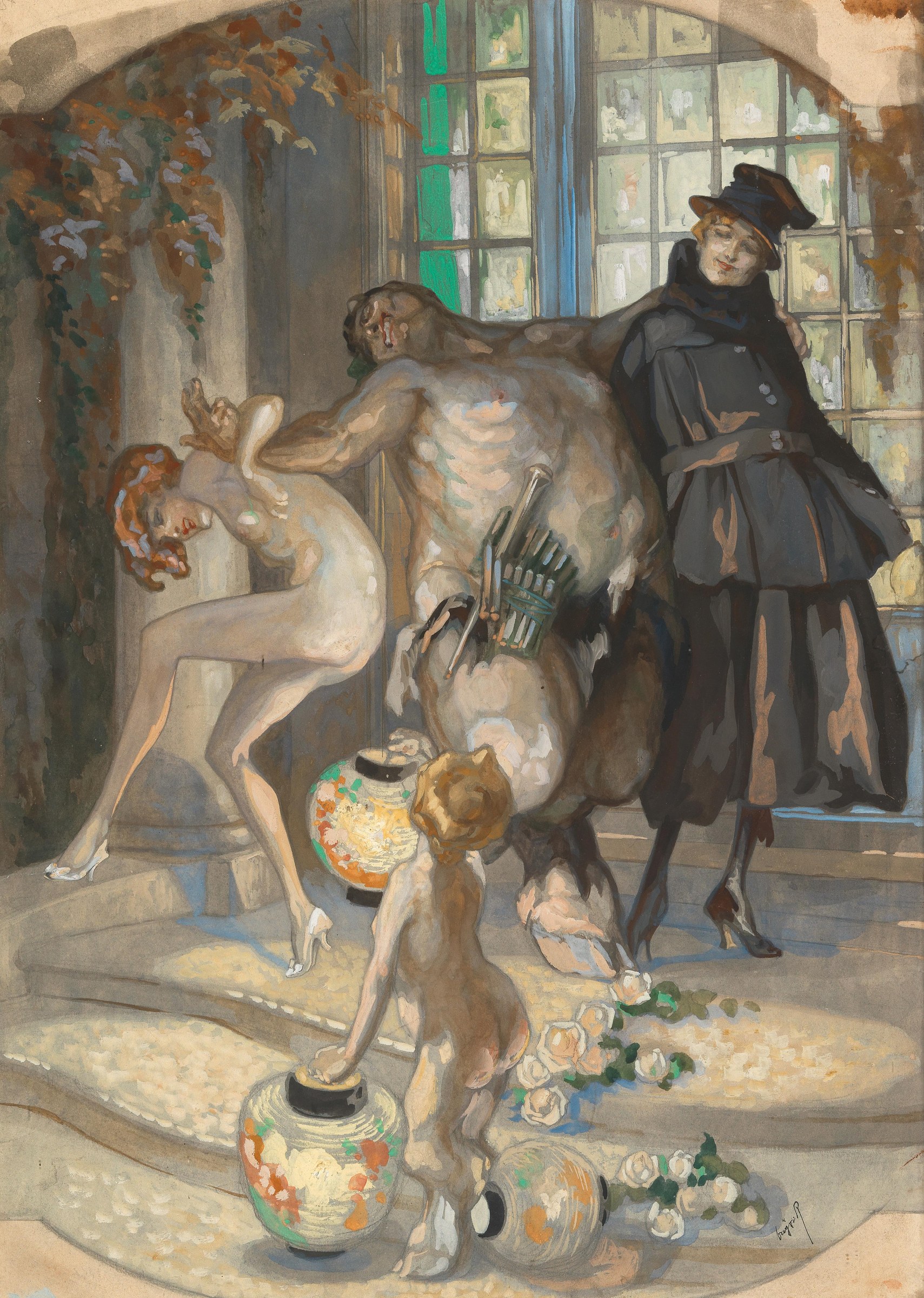 A pale woman reclines across a monumental male nude in a vaulted hall; a clothed modern observer stands watching.