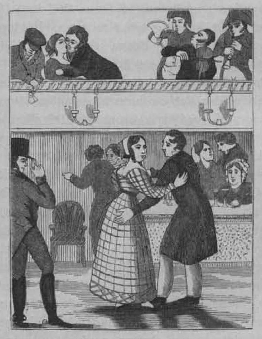 Wood engraving of a couple dancing in a 19th-century Swedish inn, with male and female spectators watching from a balcony and floor level.