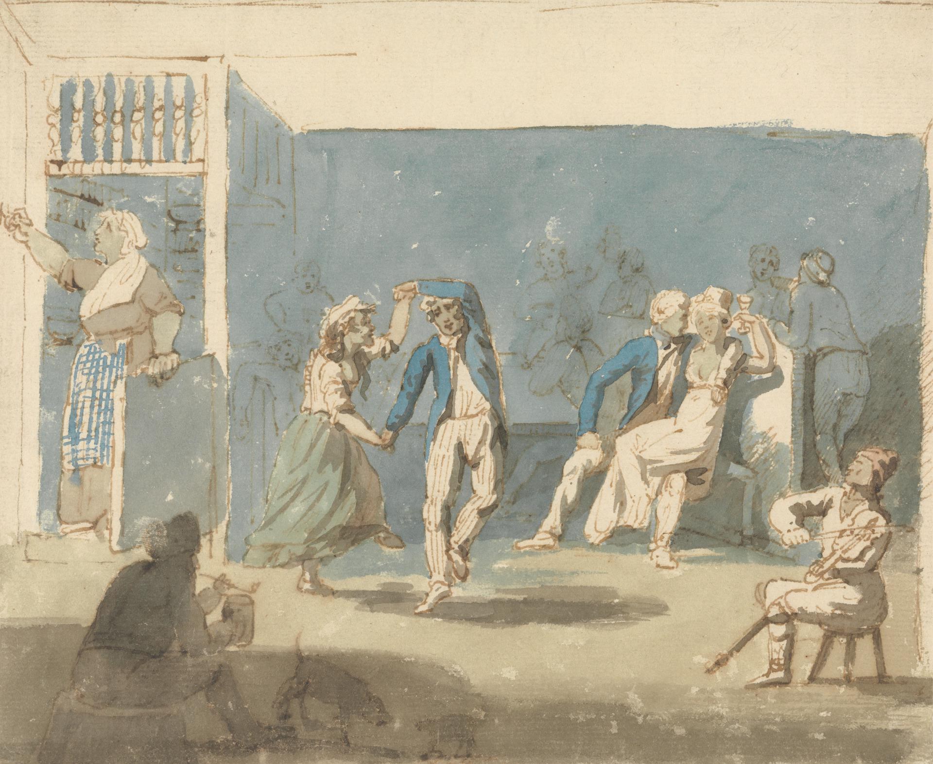Watercolour of energetic couple dancing in a crowded tavern interior, watched by seated and standing onlookers in 18th-century dress.