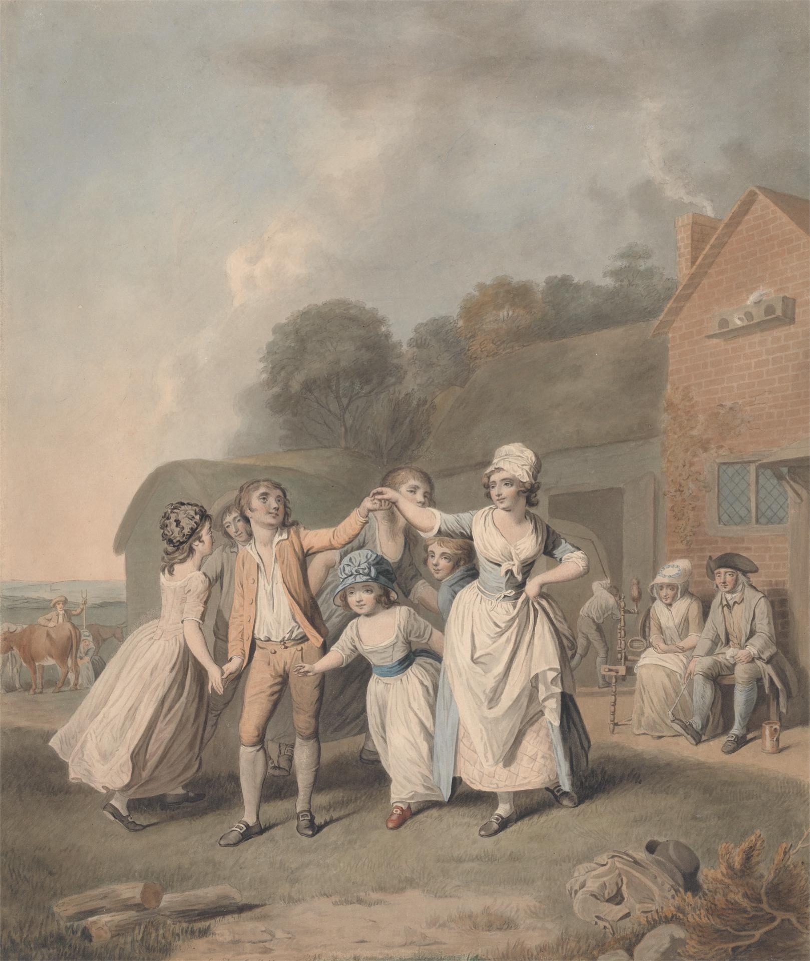 Children and young people in white muslin dresses and breeches play or dance informally outdoors in front of a brick farmhouse, while two seated men observe