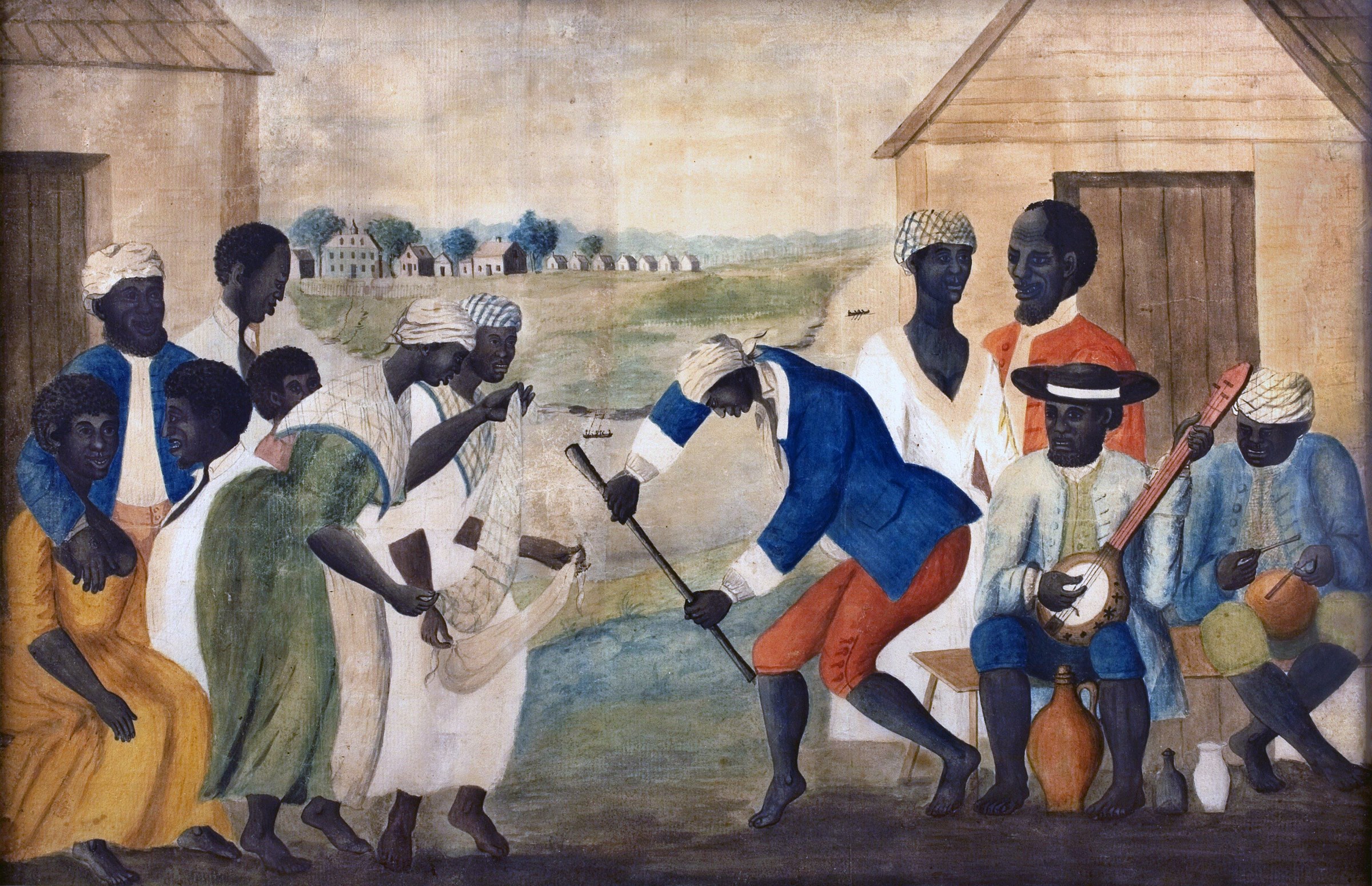 Colonial painting of enslaved Gullah people with instruments and a European man in blue coat on a plantation terrace.