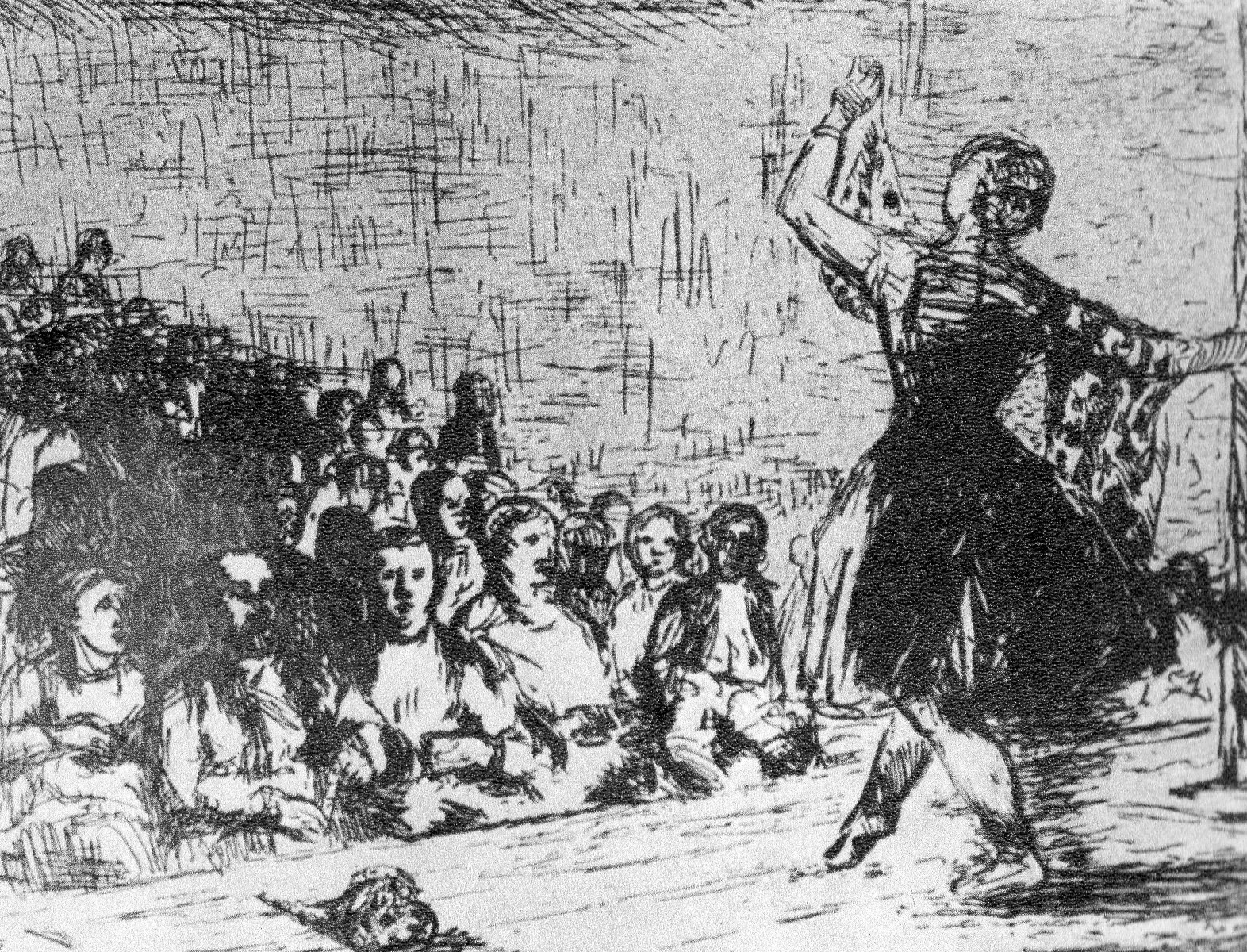 Black and white print showing a woman with raised arm dancing in a crowded community hall while onlookers watch.