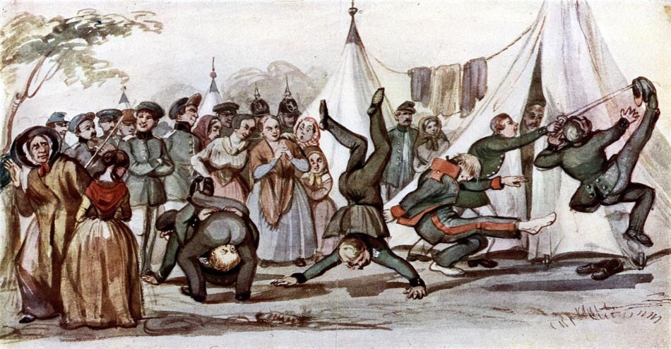 Outdoor camp scene with Norwegian soldiers and civilians watching men perform dramatic kicks and backbends, one figure inverted with legs extended vertically.
