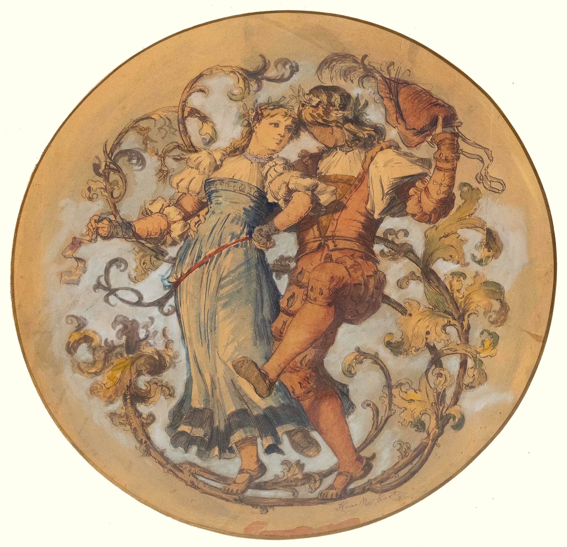 Watercolor tondo: a classical woman in flowing white and blue drapery dances with a winged putto amid ornamental brown and gold scrollwork.