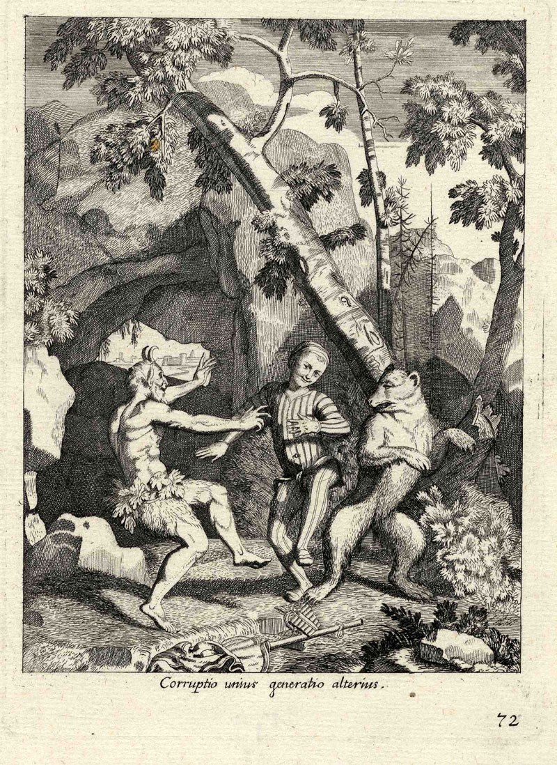 Engraving of a young man in striped breeches mirroring a satyr's splayed-arm gesture in a woodland glade, with an older figure offering food at left.