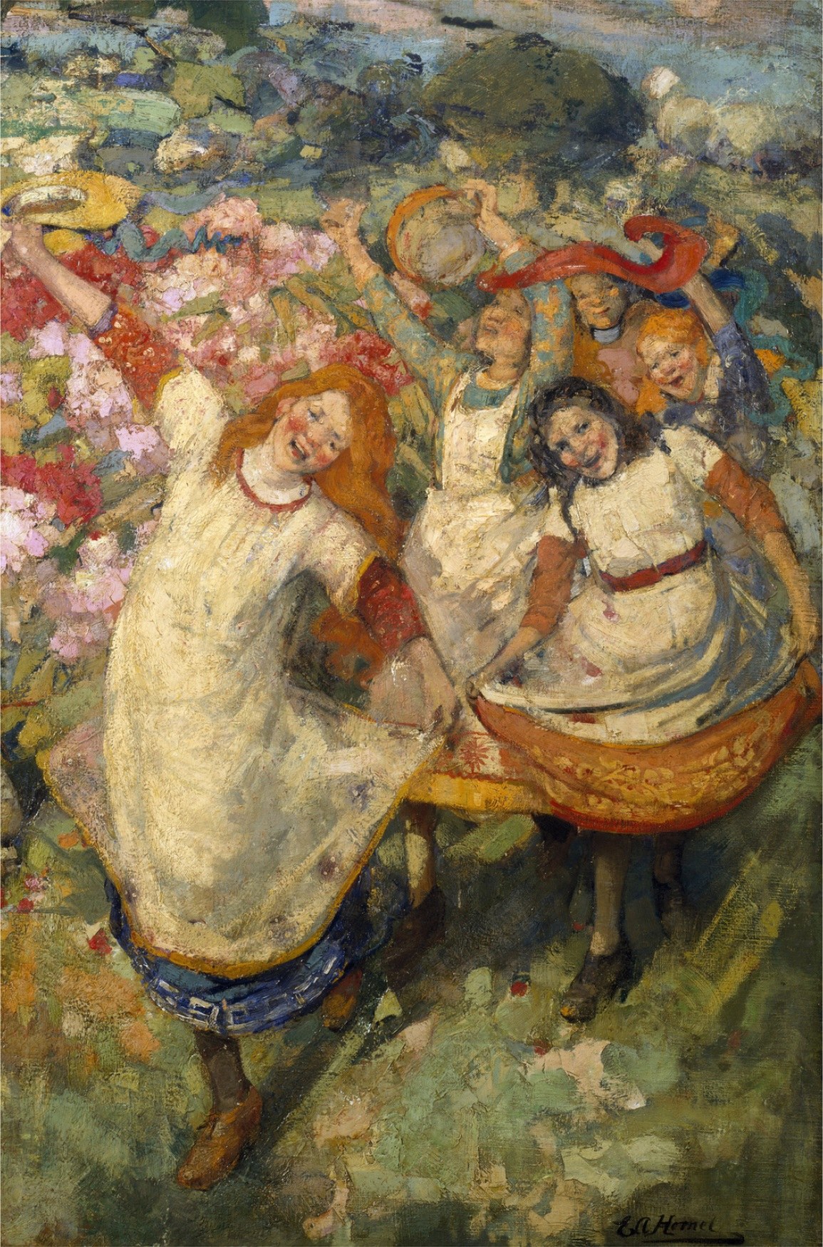 Five young women in cream dresses with colorful trim gather laughing in a pink-flowered garden, their arms raised in joy and abandon.