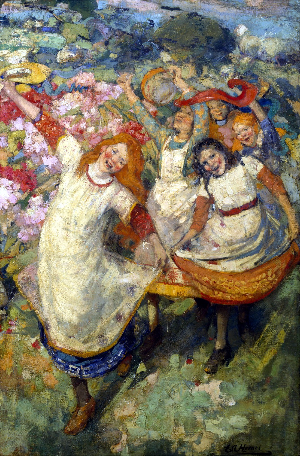 Young women in white dresses embrace and dance in a spring garden abloom with red and pink flowers.