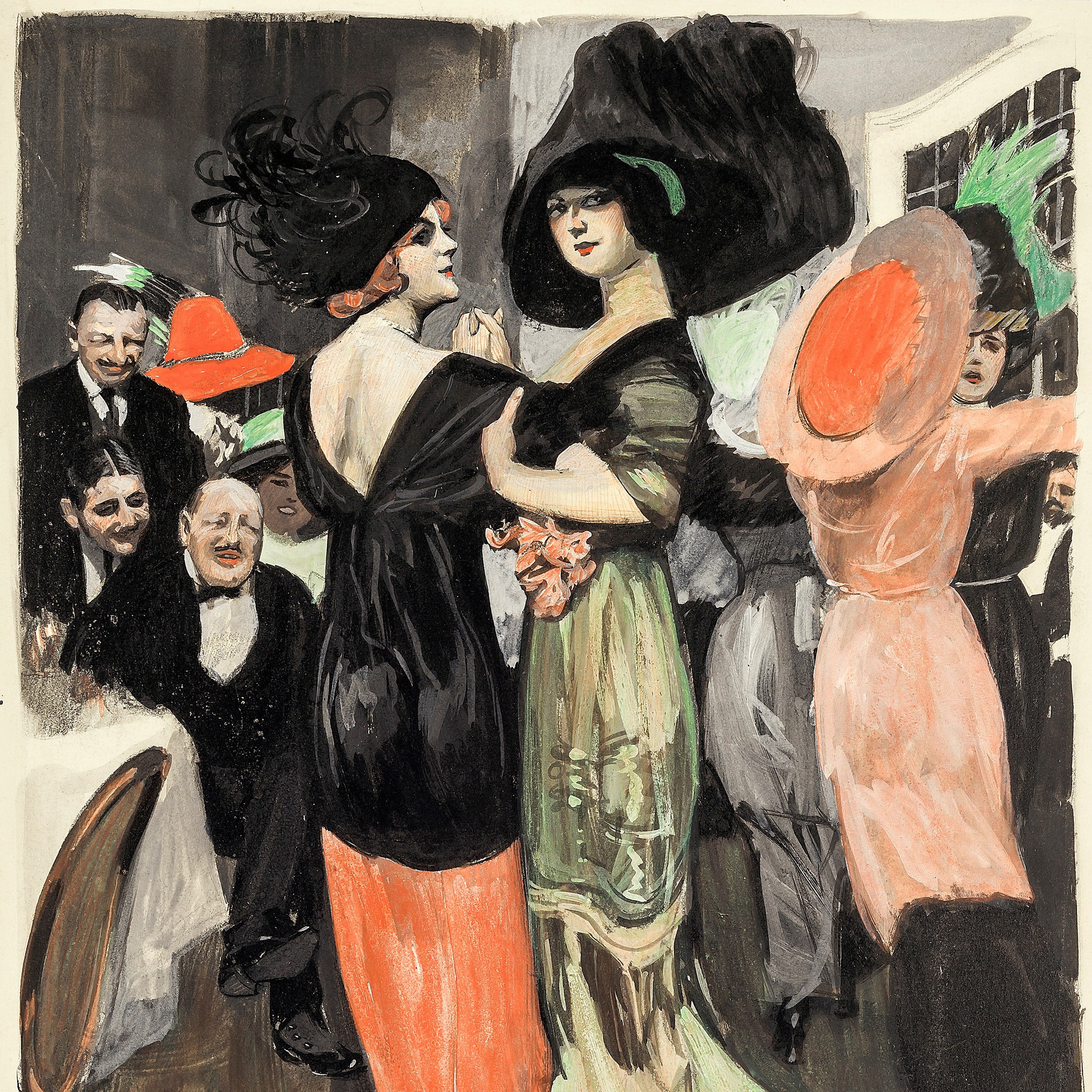 Oil painting of three fashionably dressed women in a Berlin nightclub or restaurant, observed by five men in suits, circa 1911.
