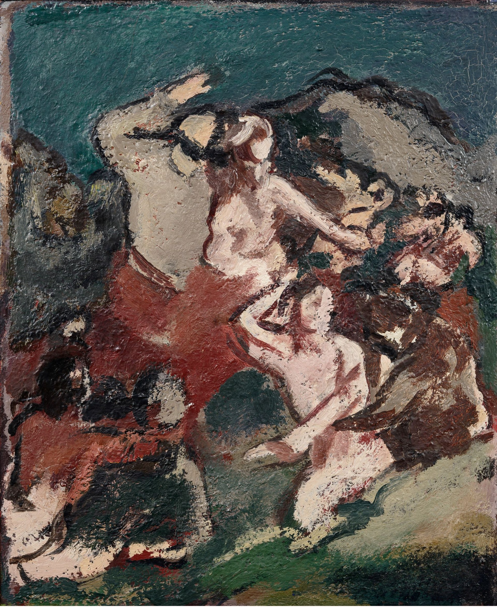 Oil painting of overlapping pale bodies with raised arms against dark teal background, faces upturned or in profile, rendering ecstatic movement.