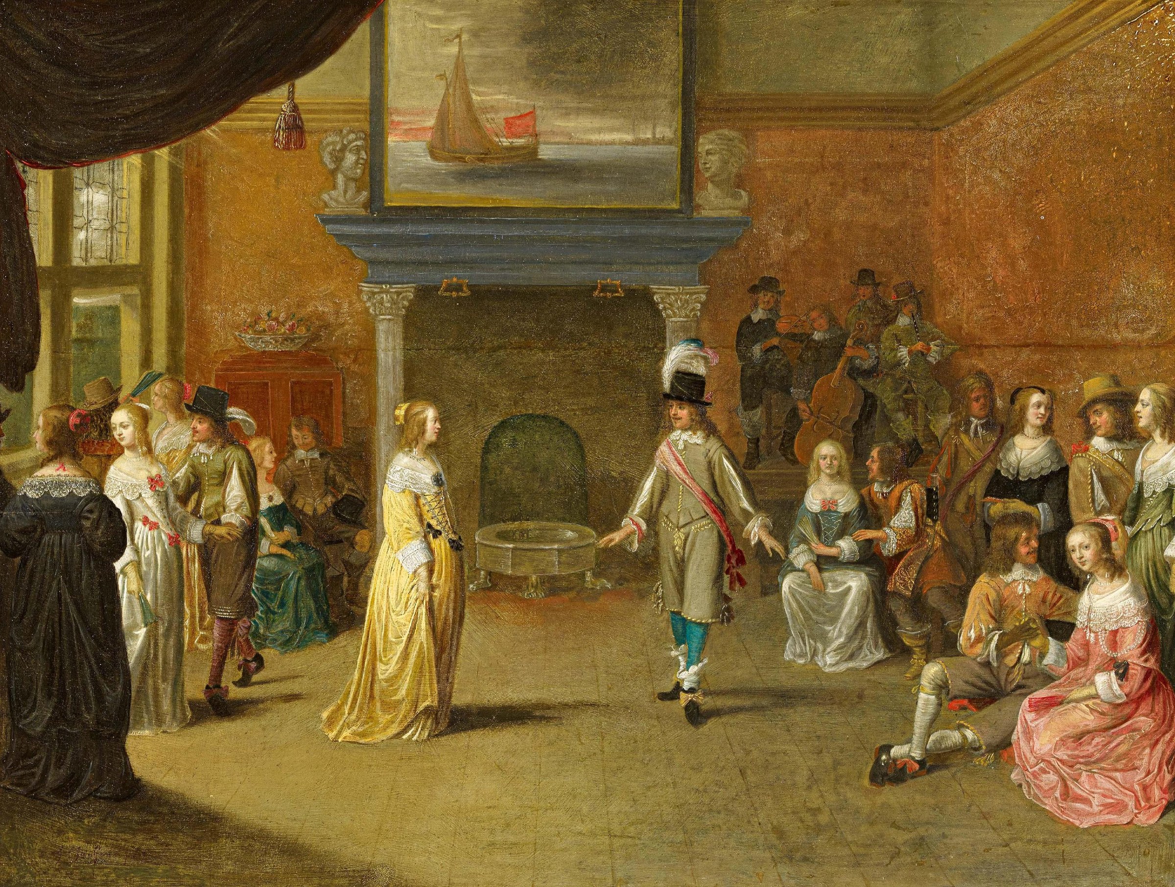 Interior of a palace with roughly thirty figures in silk costumes: a couple dances at center, watched by onlookers and seated children, beneath a seascape
