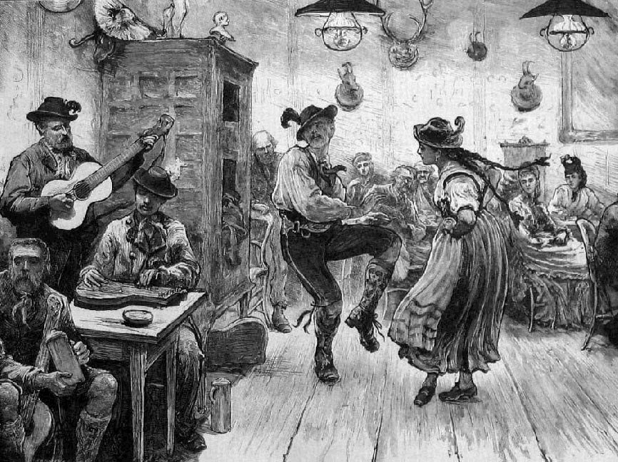 Bearded musician plays zither while man in lederhosen leaps high with extended leg in crowded tavern; other figures in Alpine dress watch.