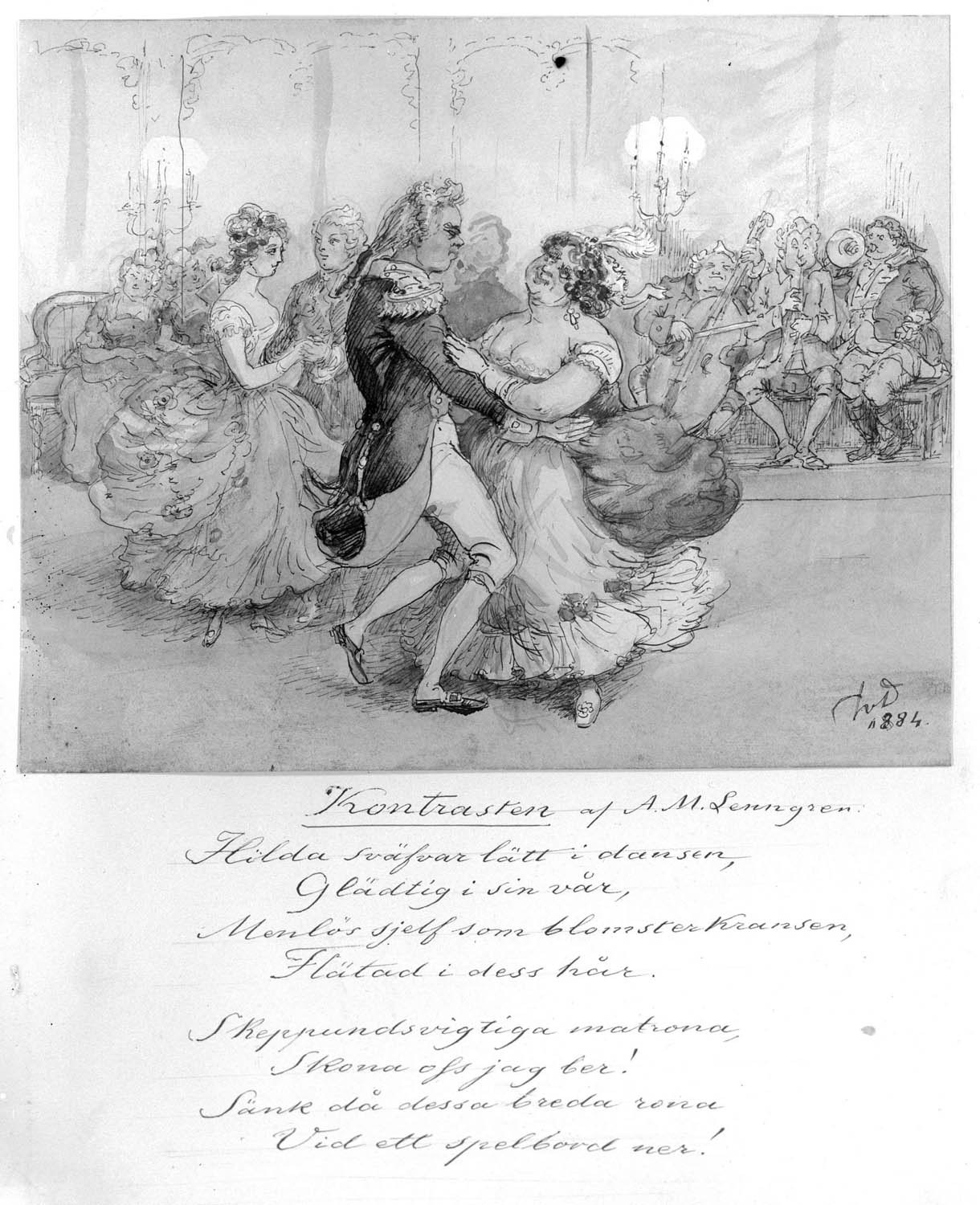 A military officer in dark uniform dances a waltz with a woman in white, their bodies angled in rotation, her skirts billowing, surrounded by observing guests