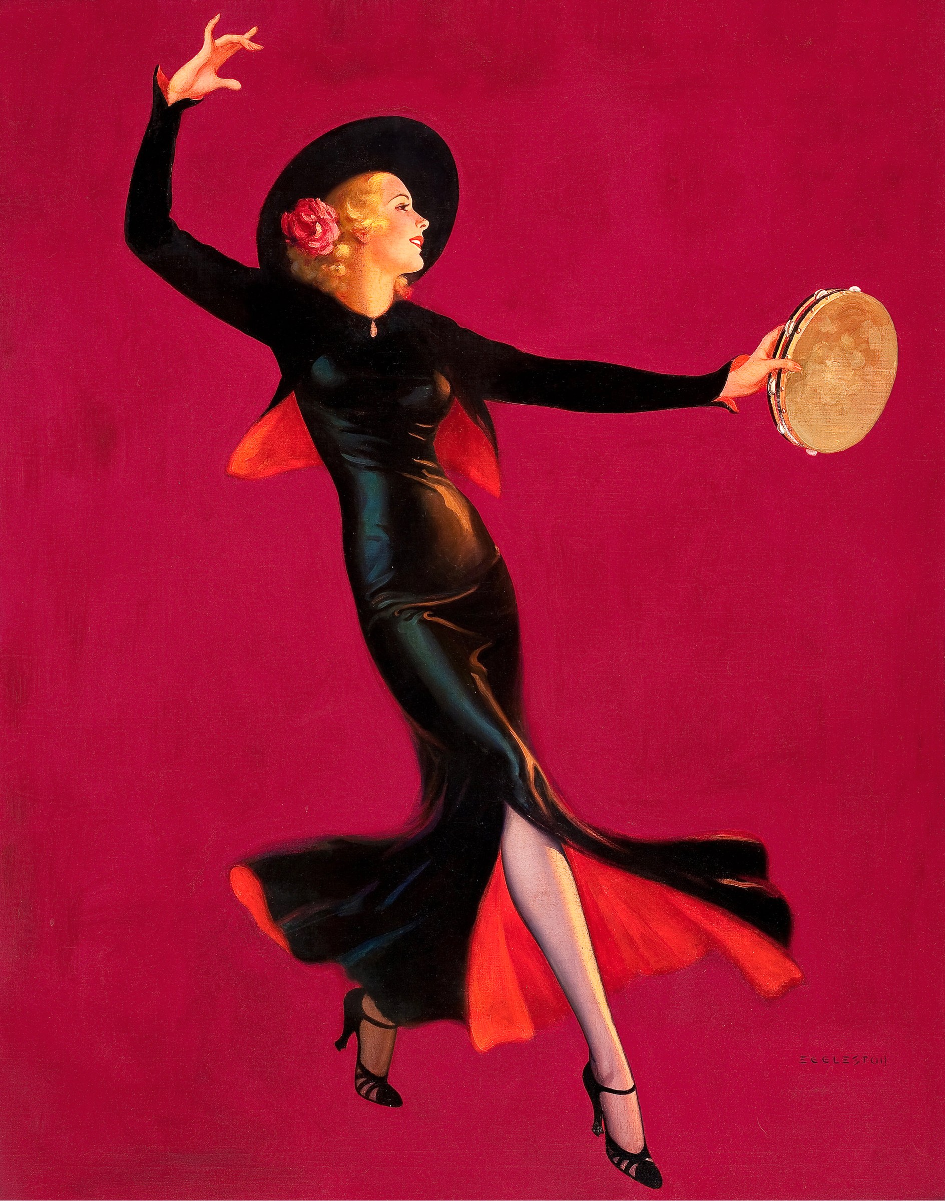 Woman in black bodysuit and red skirt leaps under spotlight, one arm raised, holding a tambourine, wearing a wide-brimmed hat.