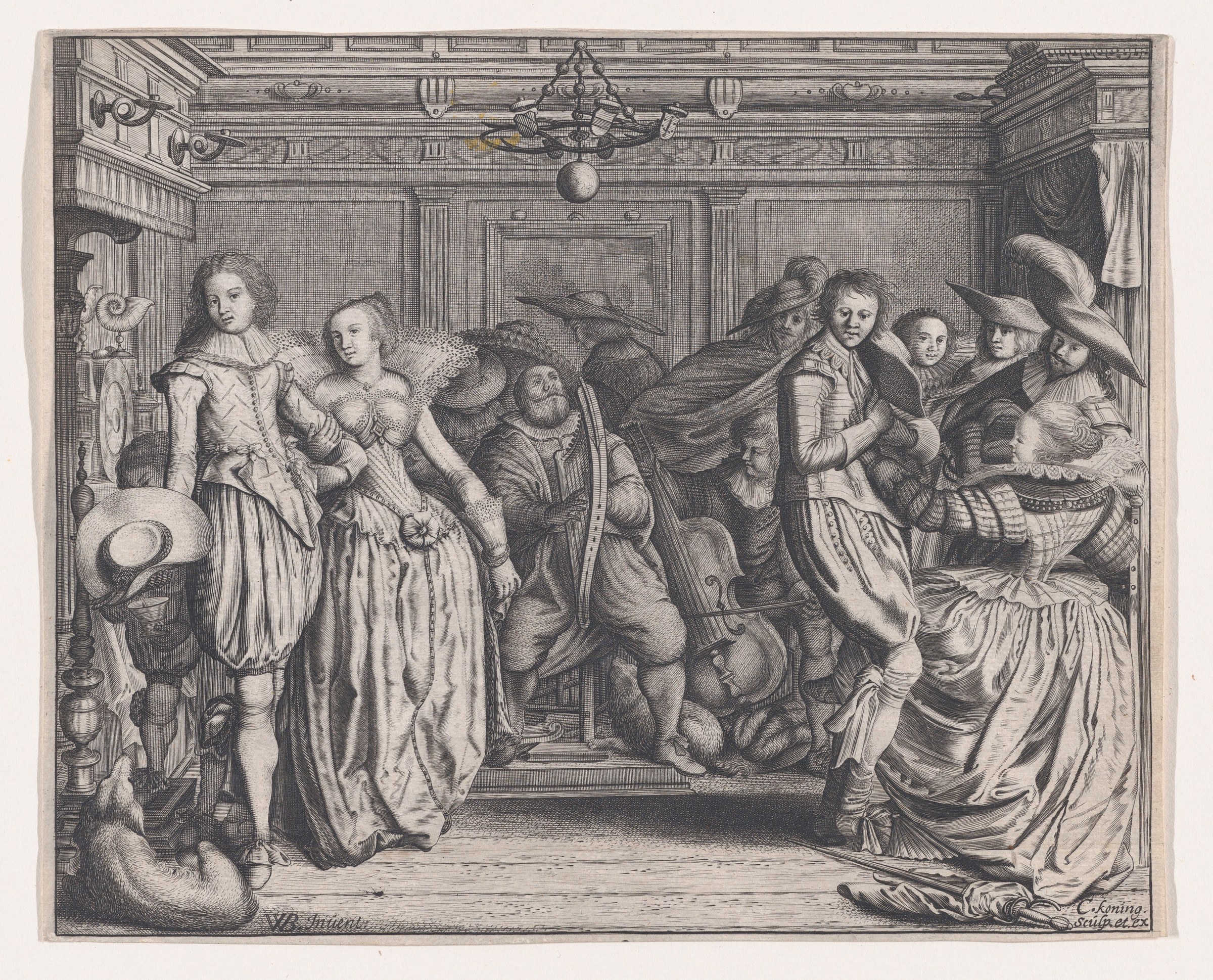 Engraving of couples dancing in a formal interior hall with allegorical figures watching, early 17th century.