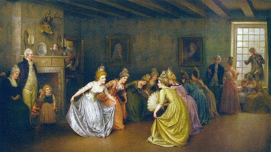 Oil painting of a man and woman in colonial dress executing the opening bow of a minuet, watched by onlookers in a wood-paneled interior.