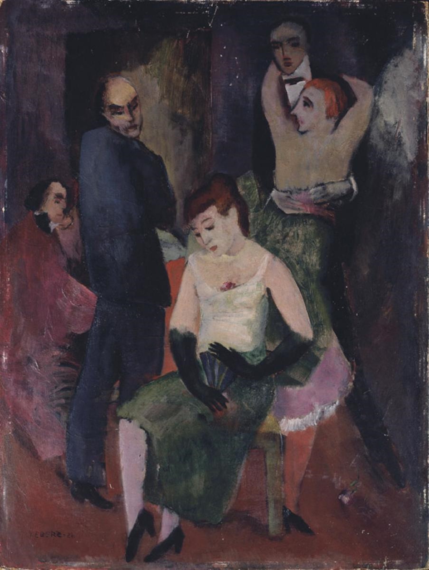 Oil painting: Five figures in evening dress in a darkened interior. A woman in a white sleeveless dress with short red hair stands at center, surrounded by
