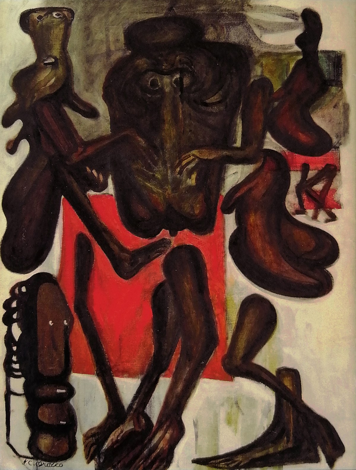 Expressionist oil painting of a dark-skinned female dancer in a red dress surrounded by abstracted wooden figures.