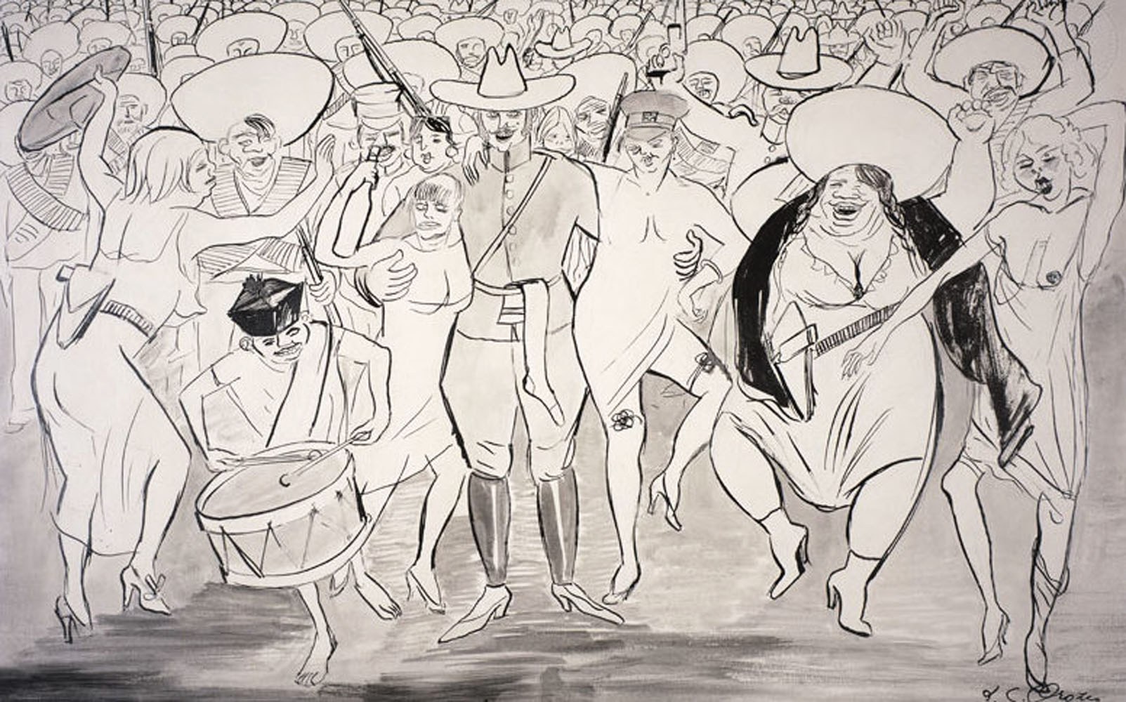 Dense ink drawing of a rowdy Mexican celebration with figures in cowboy hats, bare-breasted women, and musicians gathered around playing percussion and string