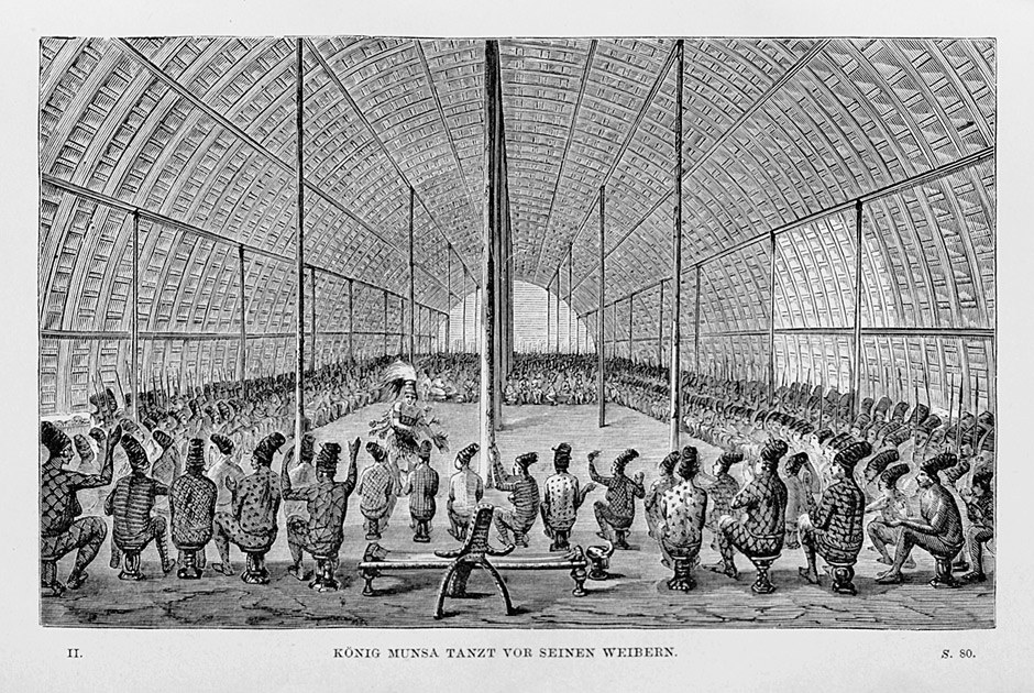 Engraving showing a central figure with raised arms surrounded by a dense crowd of women in patterned dress within a vast arched hall.