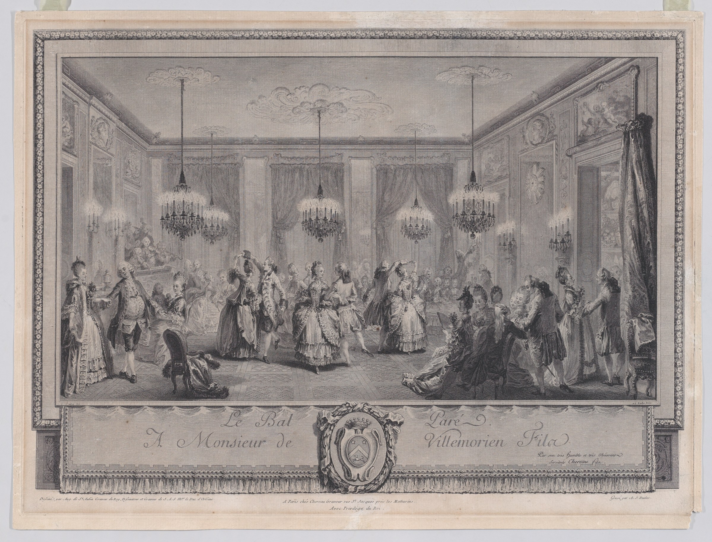 Engraving of an 18th-century ballroom with chandeliers, well-dressed couples dancing in formal postures, and elaborate Rococo interior design.