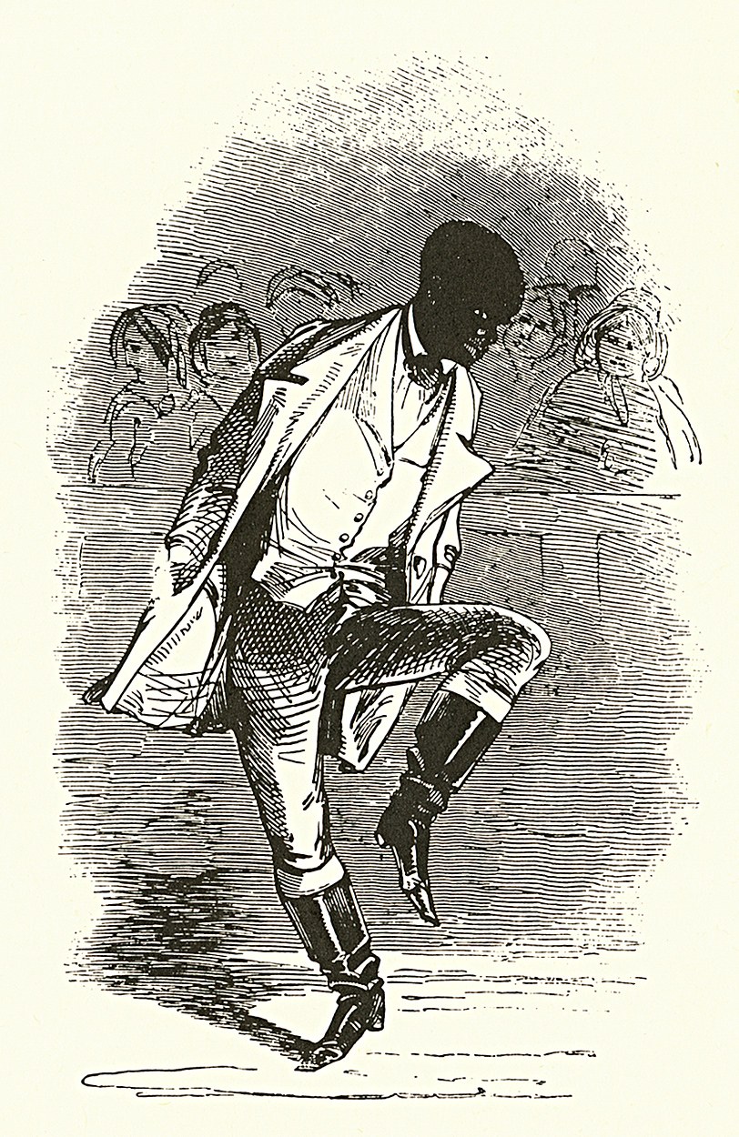 Man in white shirt and breeches mid-leap, weight forward on one leg, performing rapid footwork in wood engraving.