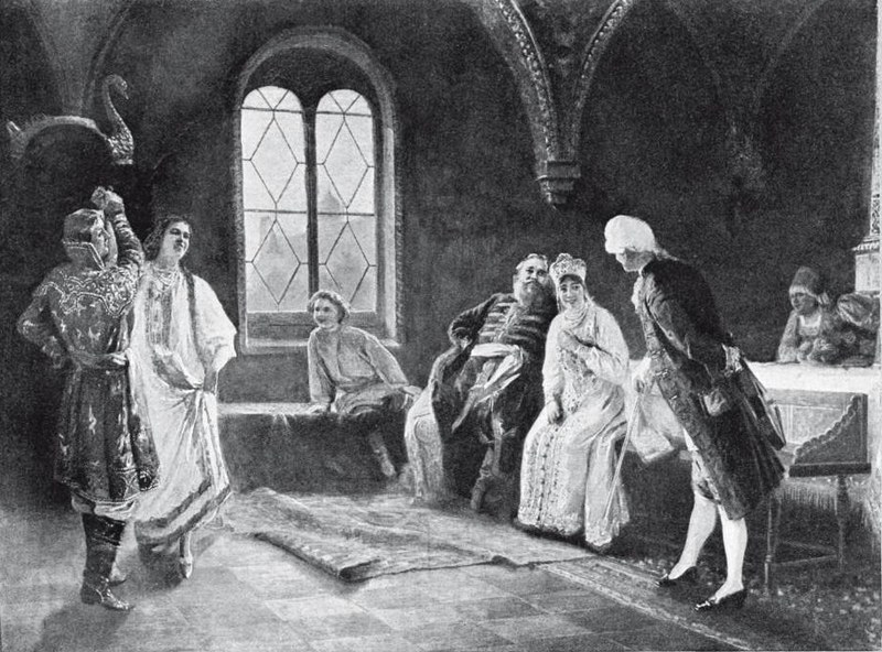 A dance master instructs a young nobleman in a vaulted stone hall while Russian noble family members observe from the sides in formal 18th-century dress.