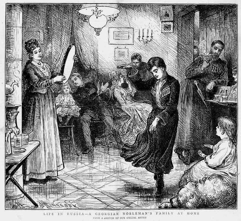 An engraved scene of a Georgian household where a woman arches backward while family members watch intently from surrounding seats and chairs.