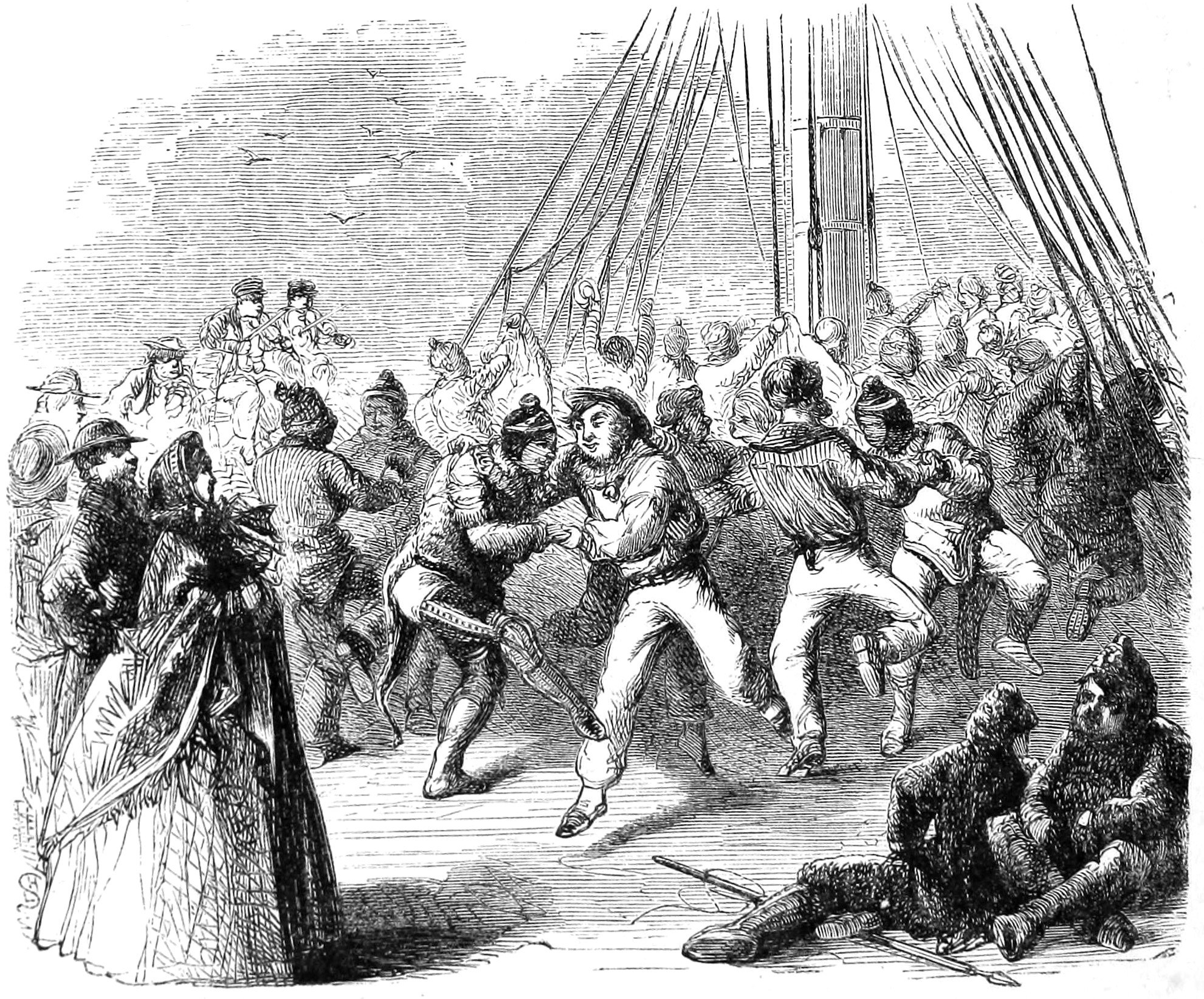 Crowded ship deck with sailors and passengers; a man in center dances with raised arms and extended leg while crew and women in Victorian dress watch.