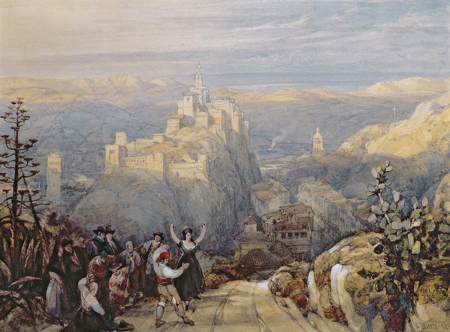 A landscape painting showing a fortified Spanish castle on a rocky outcrop, with a walled city below and a formal gathering of people in 1830s dress in the