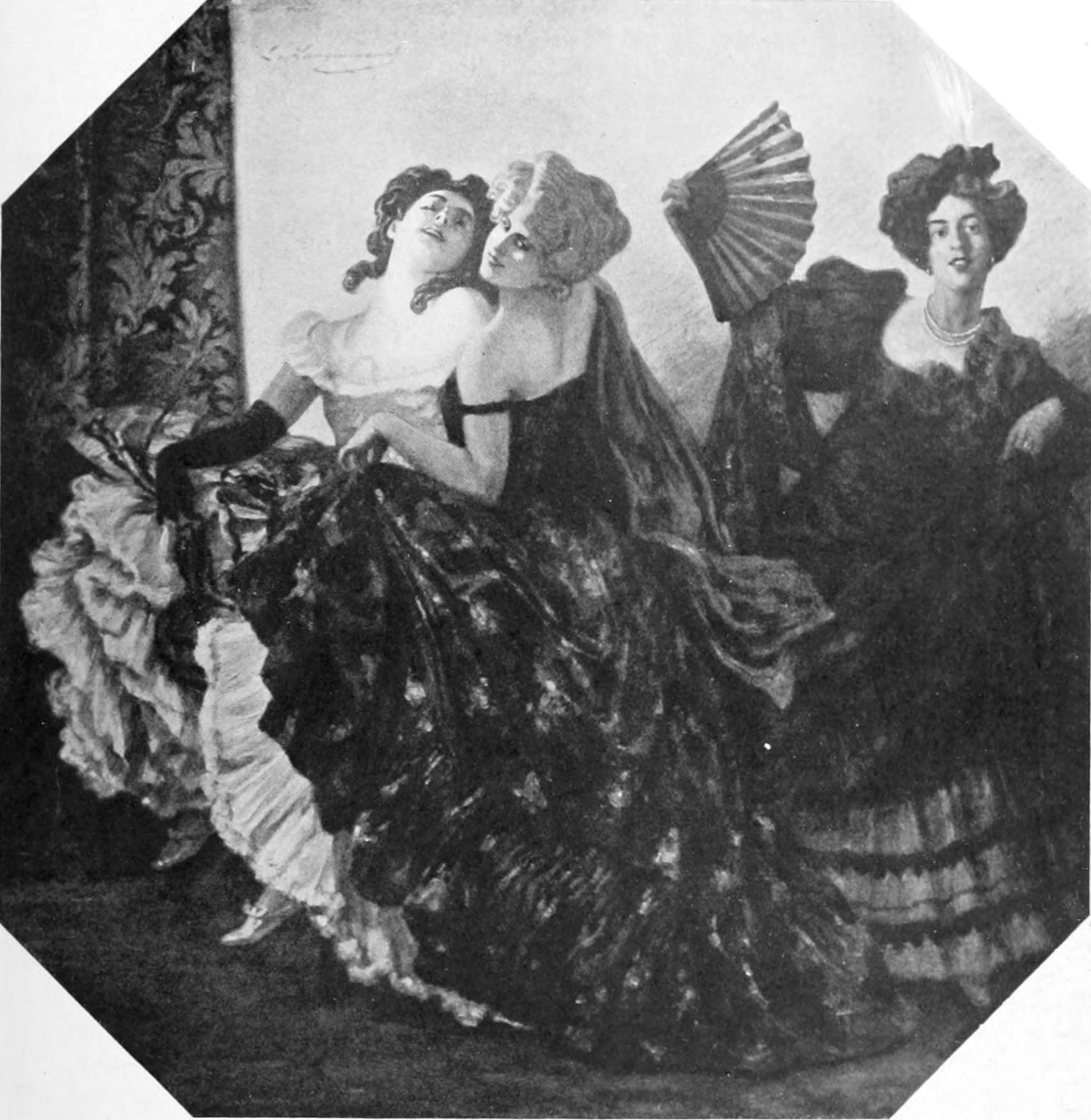 Four women in formal 1880s dress in a darkened salon; two converse closely while a third holds a large pleated fan.