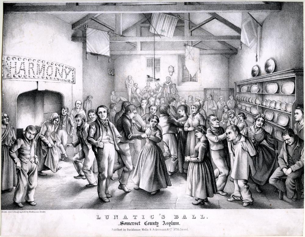 Crowded lithograph of men, women, and children dancing wildly in a kitchen-like hall with a fireplace marked 'Harmony' and a dresser full of plates.