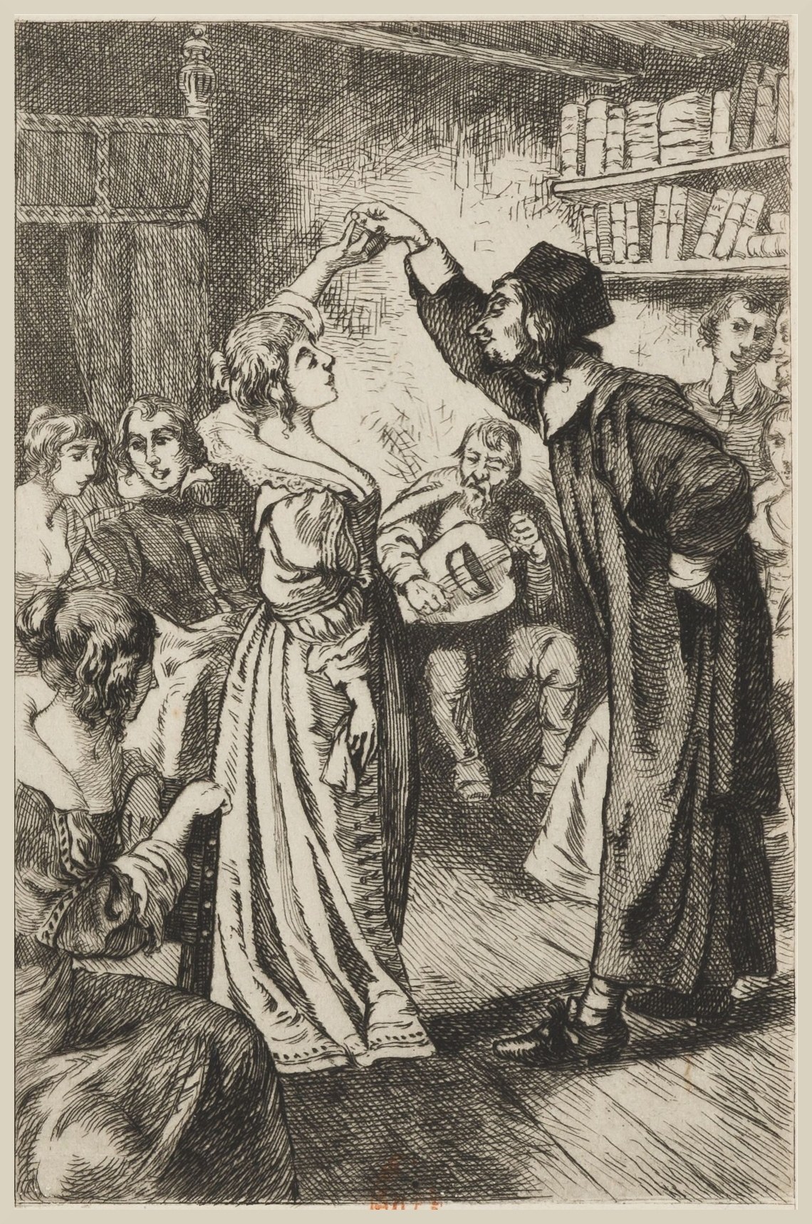 Engraving of a woman in classical dress dancing with raised arm while men and women in 17th-century clothing watch in a book-lined room.