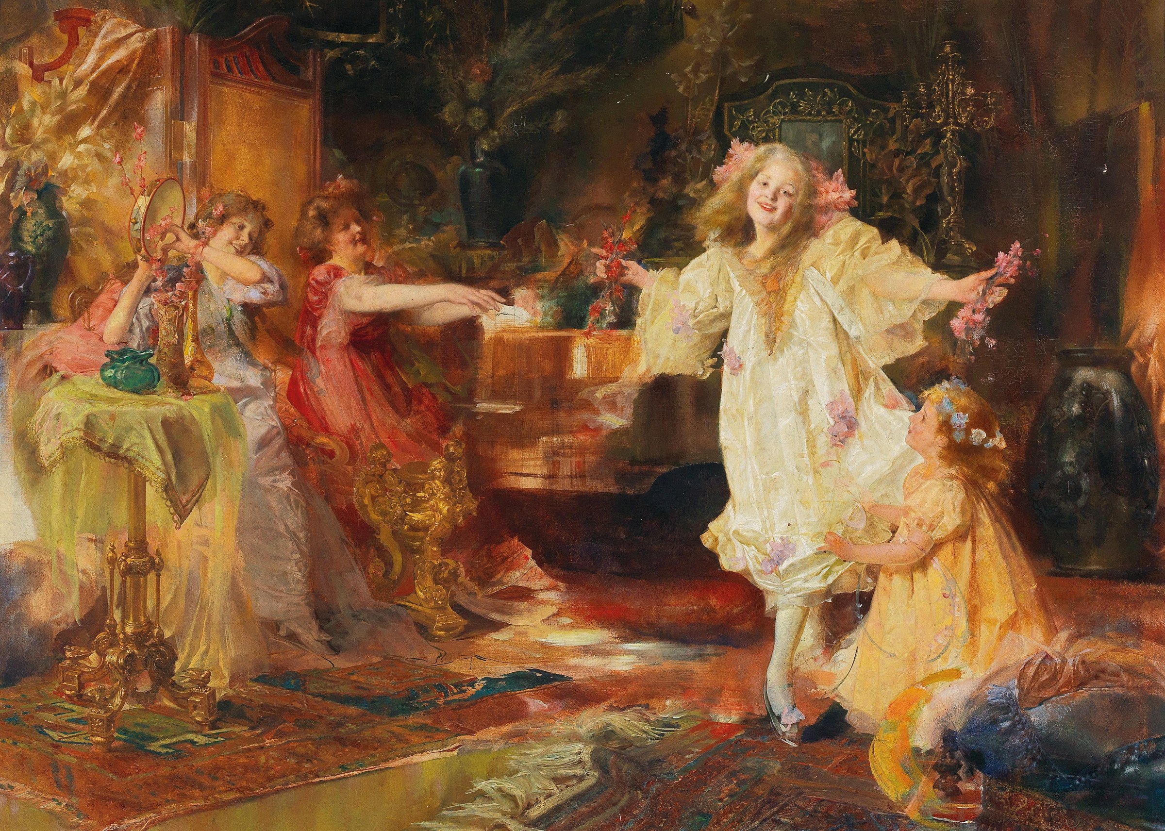 Woman in pale yellow gown with pink flowers gestures expansively before seated observers in a gilded interior, early twentieth-century salon painting.