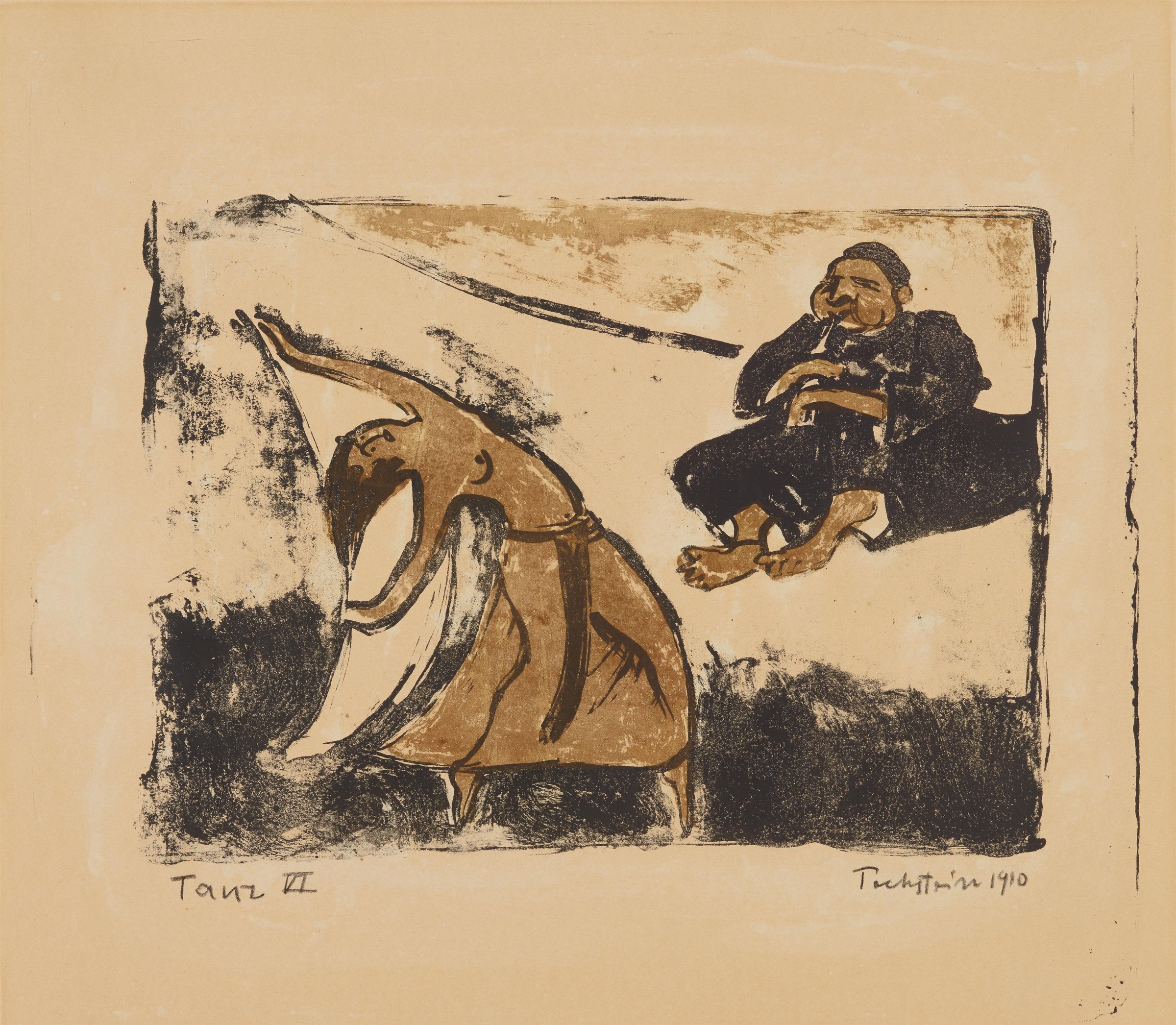 An Expressionist lithograph showing a dancer in a tilted, off-balance pose with extended leg; a second figure seated at right watches with hand raised to face.