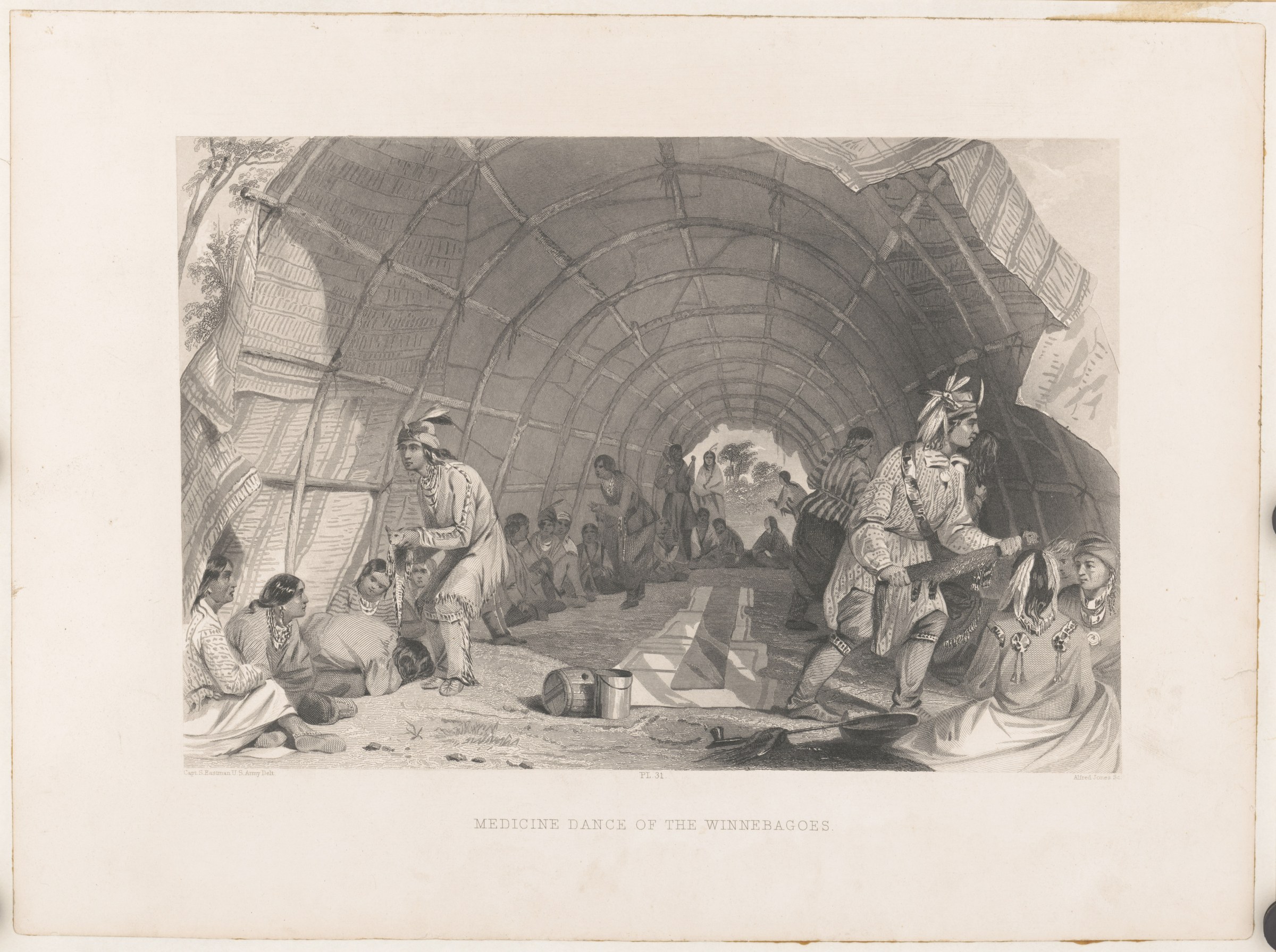 Interior of a tipi with Winnebago figures in decorated regalia gathered for a medicine dance ceremony, rendered in engraved lines with light streaming through