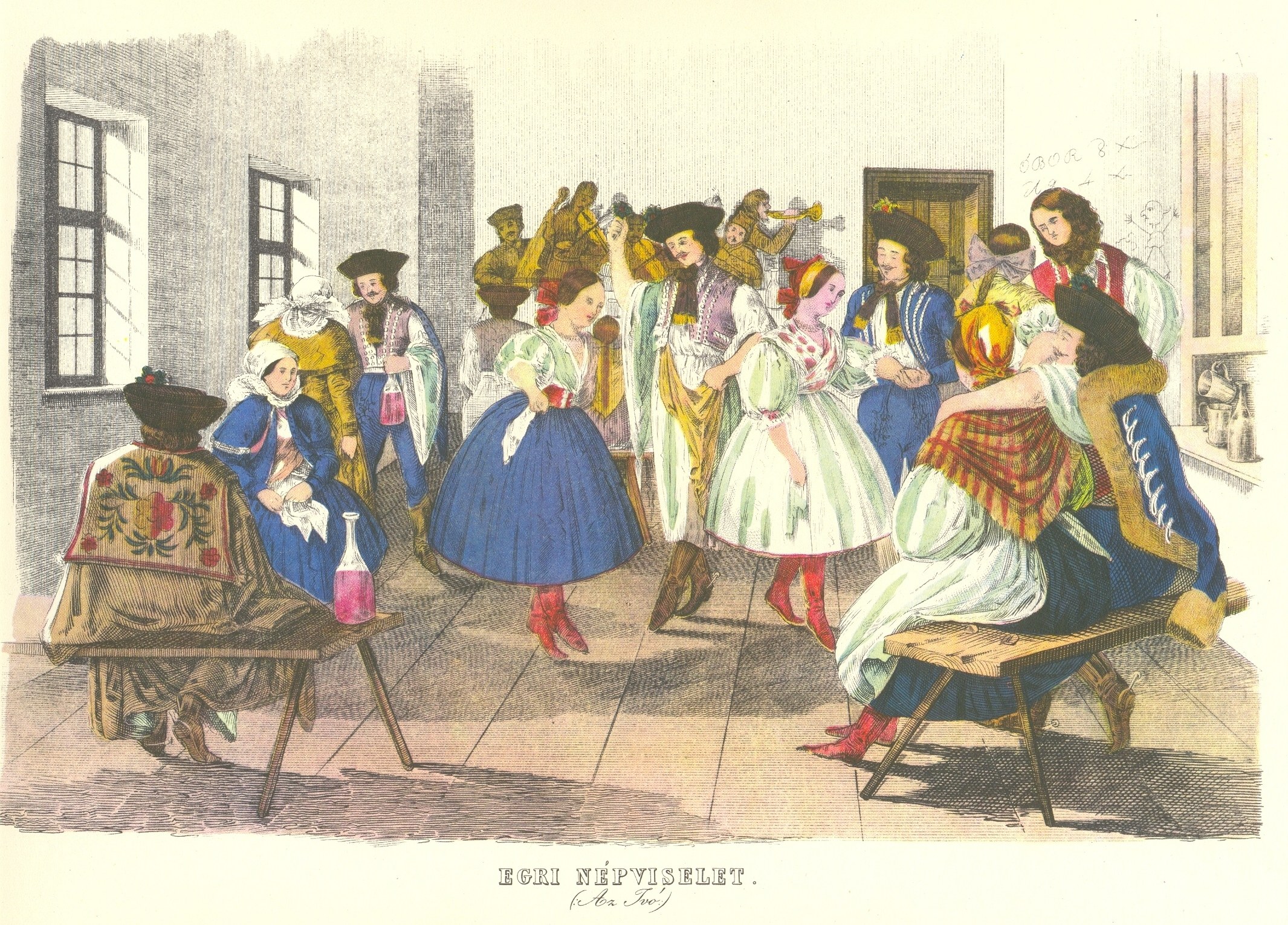 A crowded tavern scene filled with people in embroidered Hungarian regional dress; a couple dances in the center while musicians, drinkers, and onlookers fill